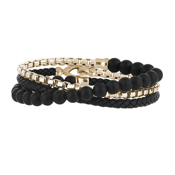Men's Black Leather, Agate and Sterling Silver Box Chain Wrap Bracelet - Yellow Gold