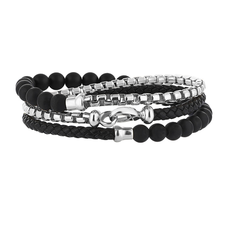 Men's Black Leather, Agate and 925 Sterling Silver Box Chain Wrap Bracelet