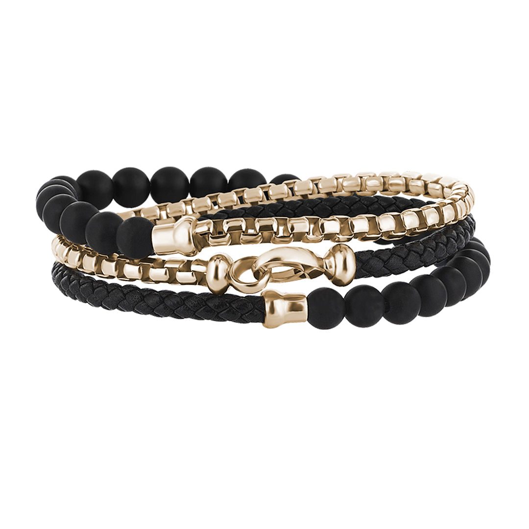 Men's Black Leather, Agate and 14K Solid Yellow Gold Box Chain Wrap Bracelet