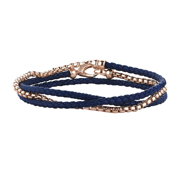 Blue Leather and Solid Rose Gold Box Chain Wrap Bracelet for Men