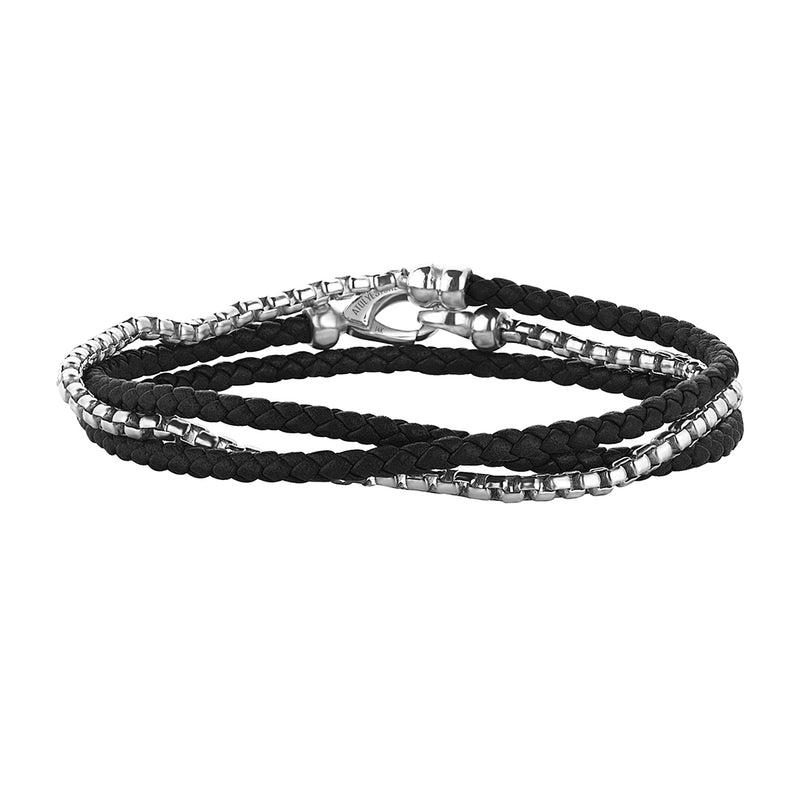 Black Leather and Solid White Gold Box Chain Wrap Bracelet for Men