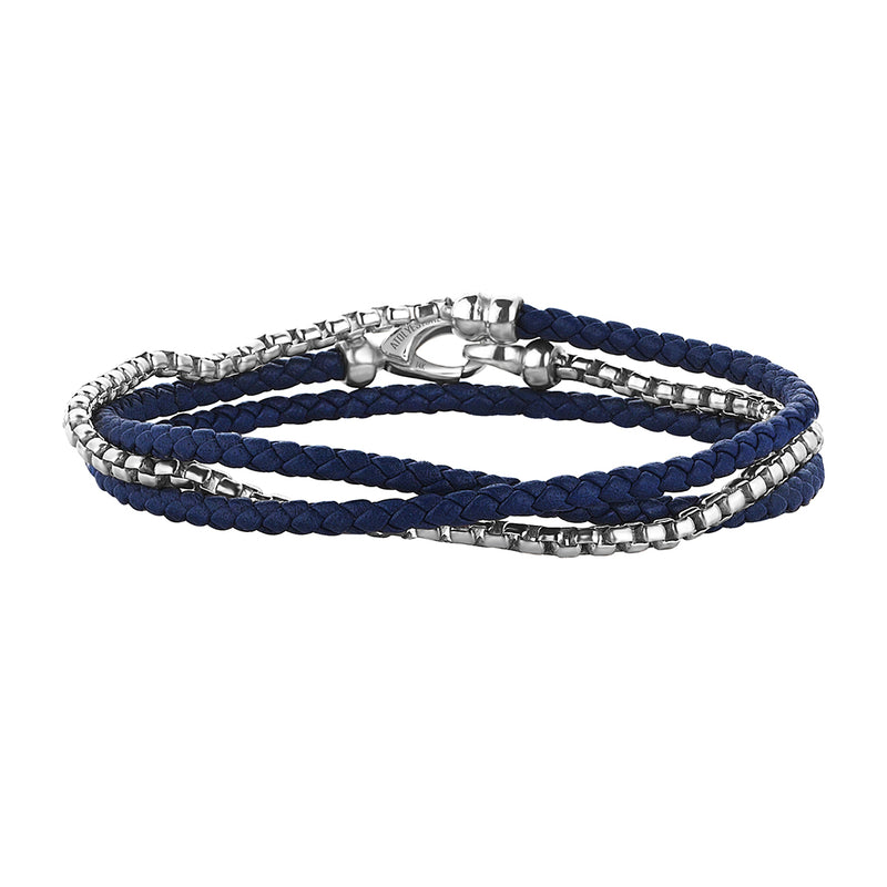Blue Leather and Solid White Gold Box Chain Wrap Bracelet for Men