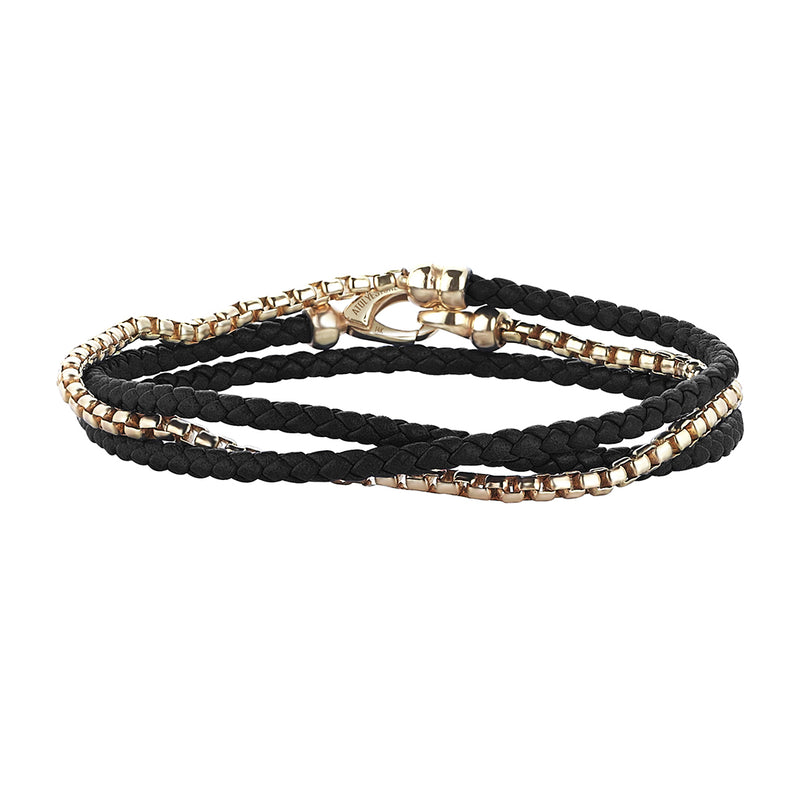 Black Leather and Solid Yellow Gold Box Chain Wrap Bracelet for Men