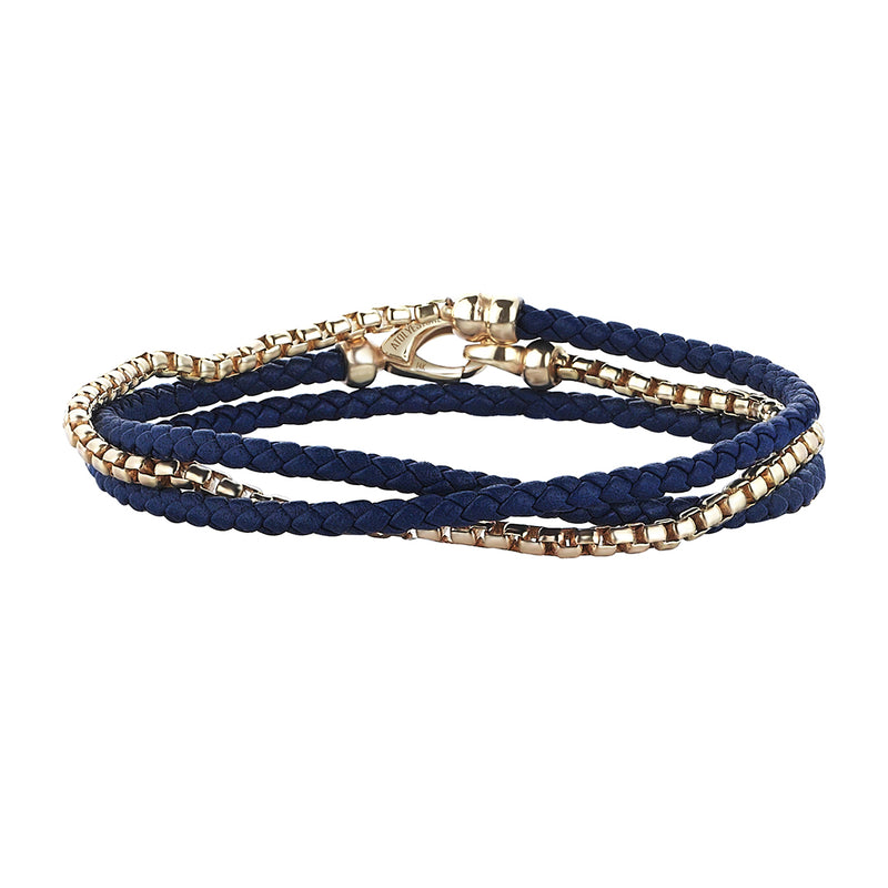 Blue Leather and Solid Yellow Gold Box Chain Wrap Bracelet for Men