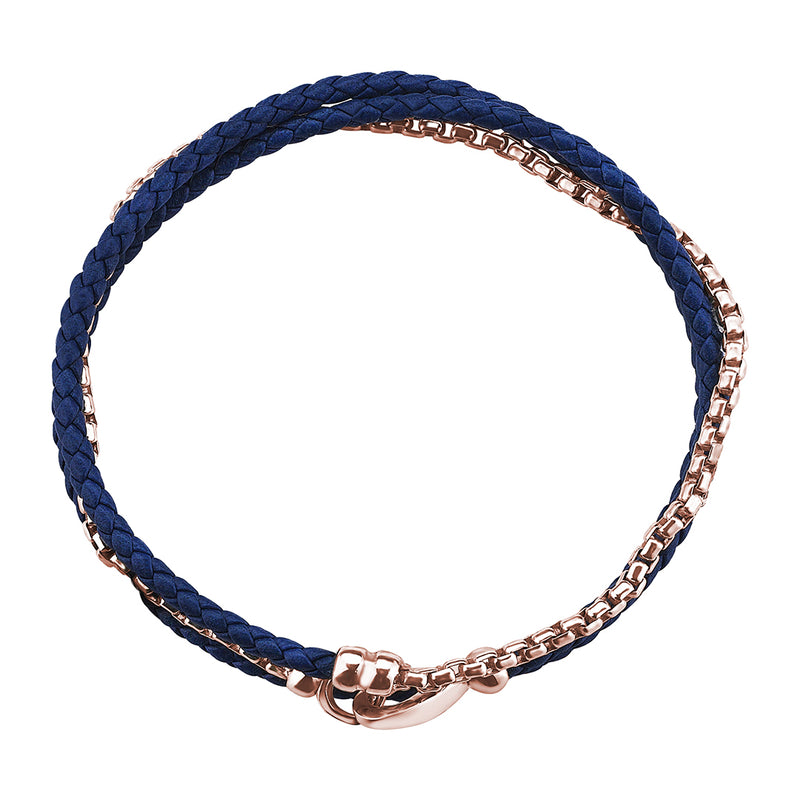 Men's Blue Braided Leather and Real Rose Gold Box Chain Bracelet