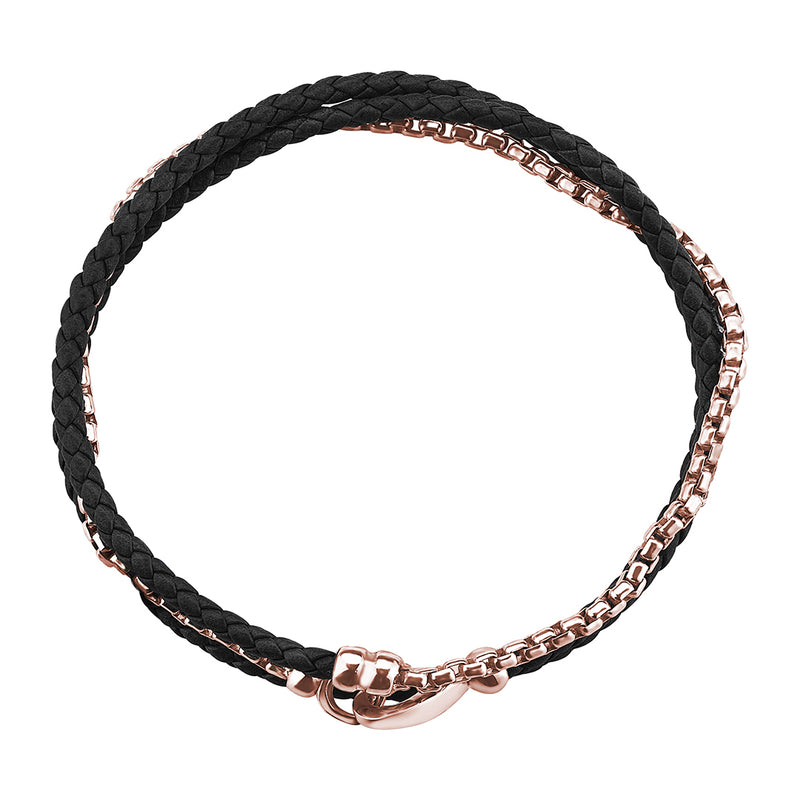 Men's Black Braided Leather and Real Rose Gold Box Chain Bracelet