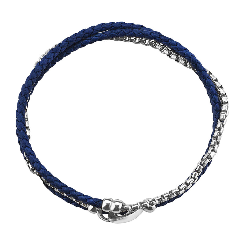 Men's Blue Braided Leather and Real White Gold Box Chain Bracelet