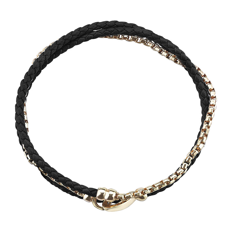 Men's Black Braided Leather and Real Yellow Gold Box Chain Bracelet