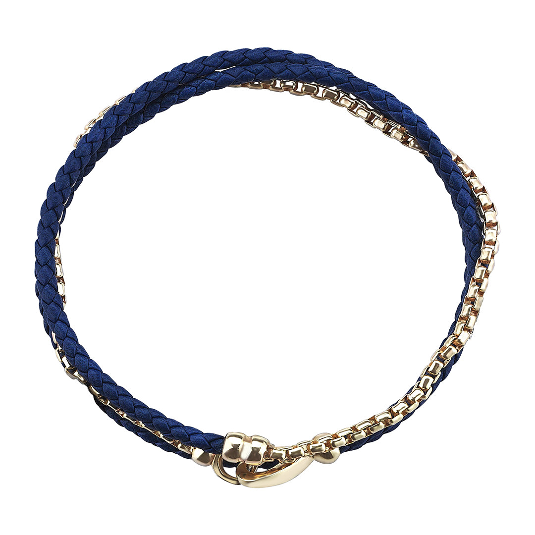 Box Chain & Leather Wrap Bracelet - Blue & Yellow Gold