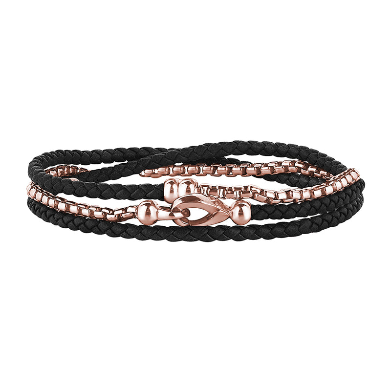 Box Chain Leather Bracelet - Black & Rose Gold