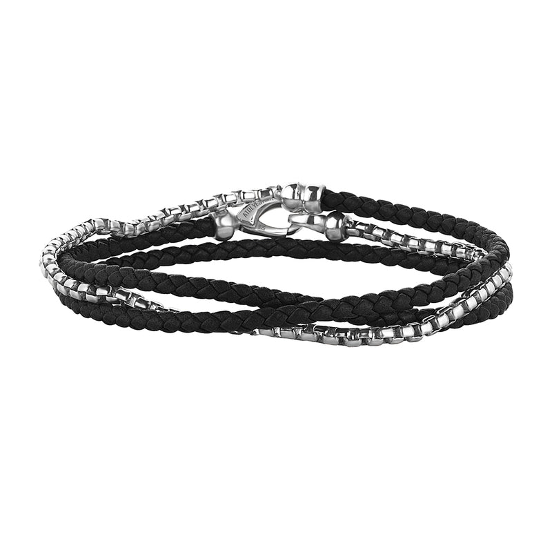 Box Chain & Leather Wrap Bracelet - Black & Silver
