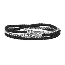 Men's Black Leather and Box Chain Bracelet in Solid Silver