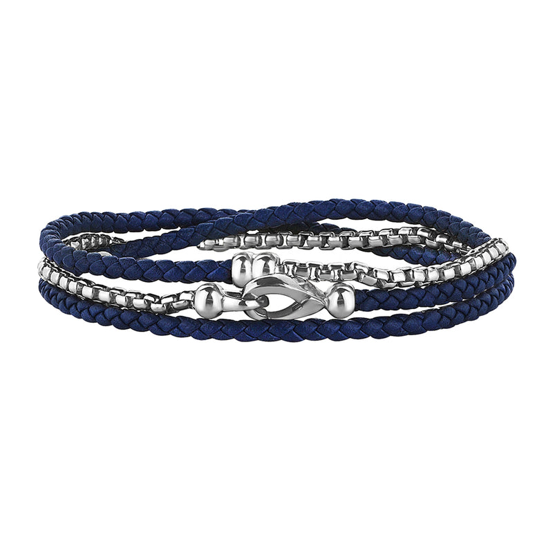 Men's Blue Leather and Box Chain Bracelet in Solid Silver