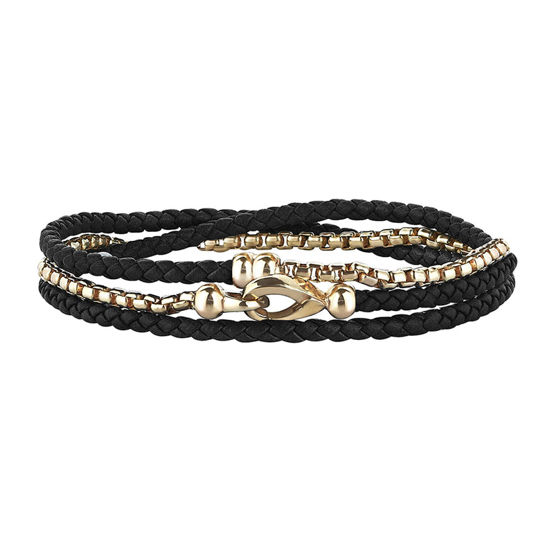 Men's Black Leather and Box Chain Bracelet in Solid Silver - Yellow Gold