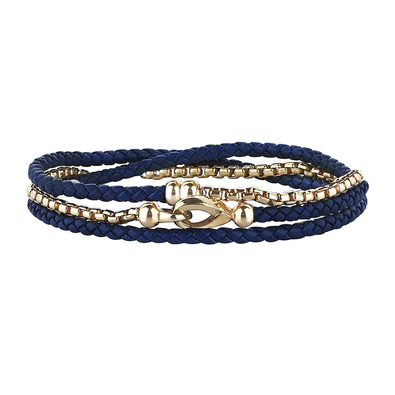 Men's Blue Leather and Box Chain Bracelet in Solid Silver - Yellow Gold