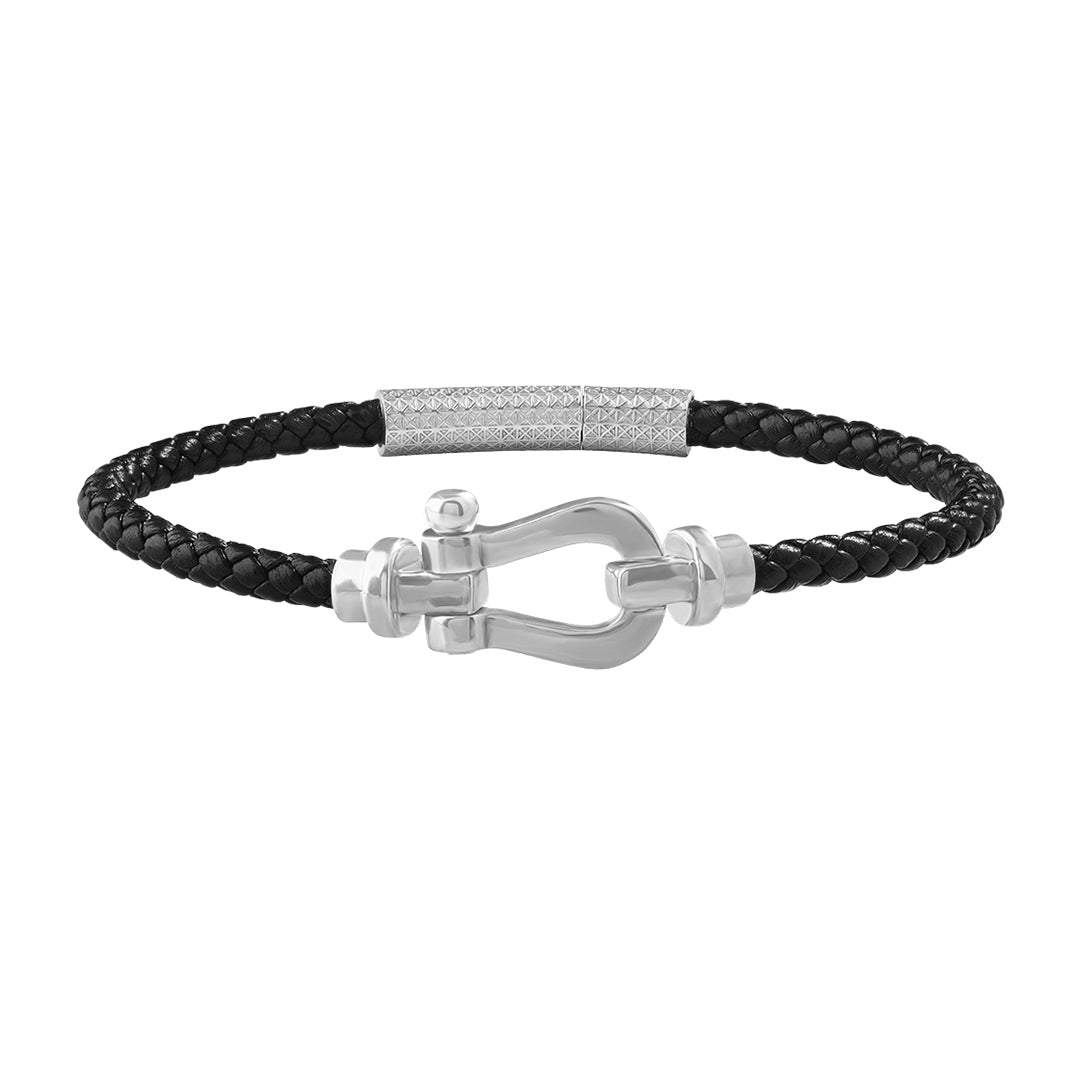 Real White Gold Buckle Black Leather Bracelet