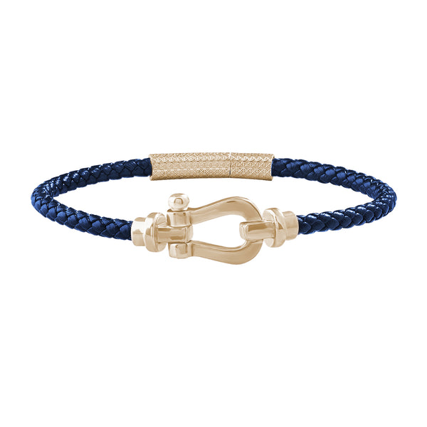 Real Yellow Gold Buckle Blue Leather Bracelet