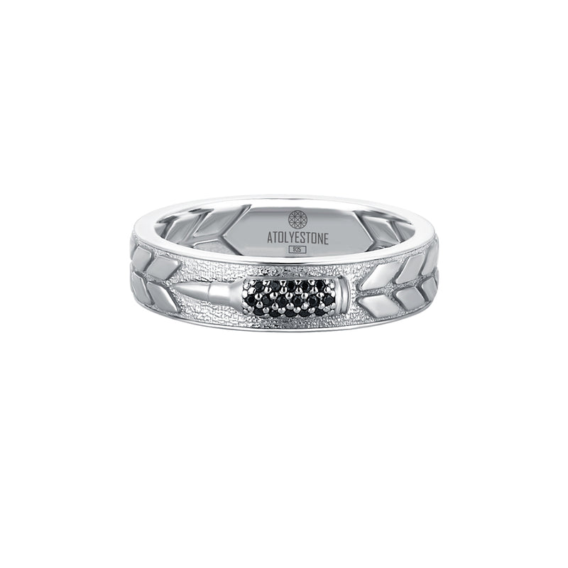 Men's 925 Sterling Silver Band Ring with Black Diamond Paved Bullet Design