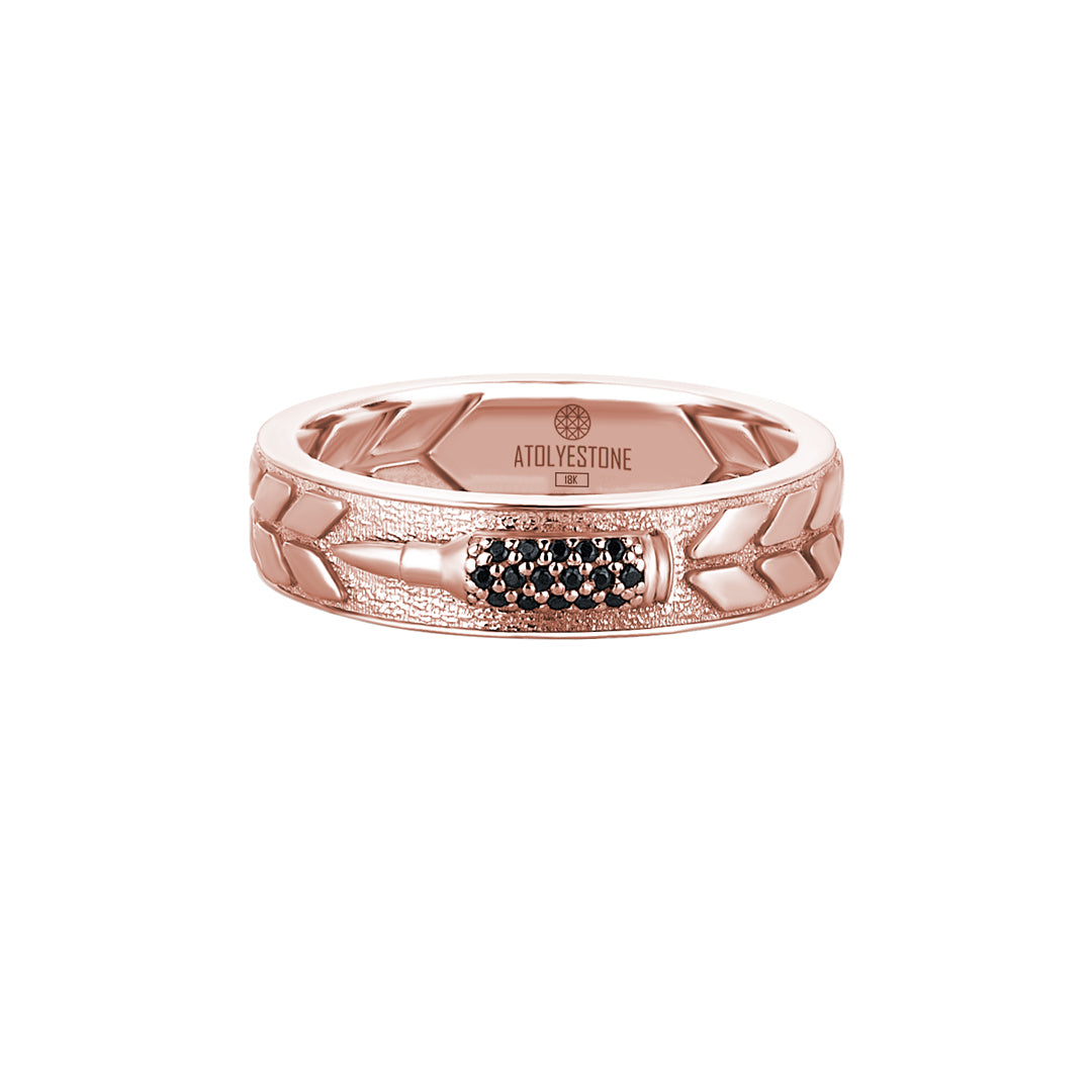 Men's Real Rose Gold 5.6mm Band Ring with Black Diamond Bullet Design