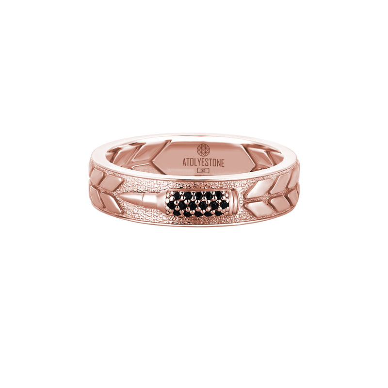 Men's Solid Rose Gold Band Ring with Black CZ Paved Bullet Design