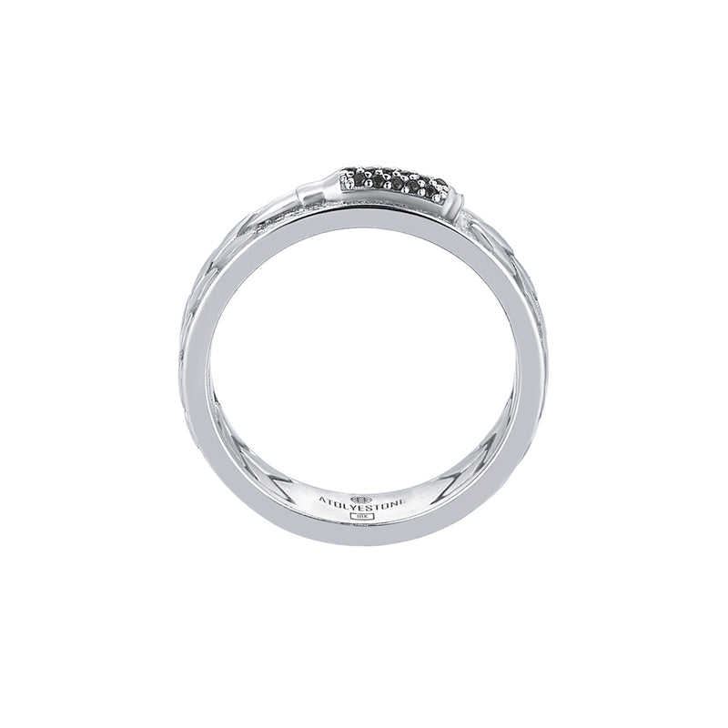 Men's Solid White Gold Band Ring with Black Diamond Paved Bullet Design