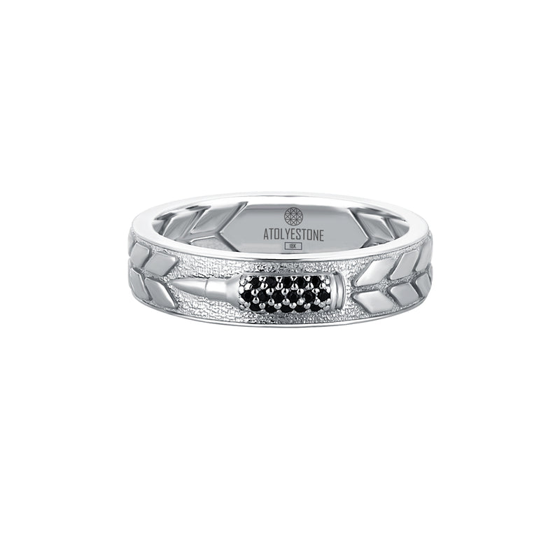 Men's Solid White Gold Band Ring with Black CZ Paved Bullet Design