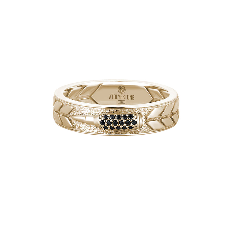 Men's Solid Yellow Gold Band Ring with Black Diamond Paved Bullet Design