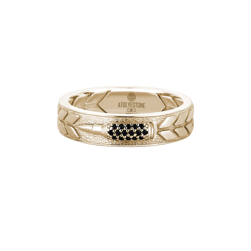 Men's Solid Yellow Gold Band Ring with Black CZ Paved Bullet Design