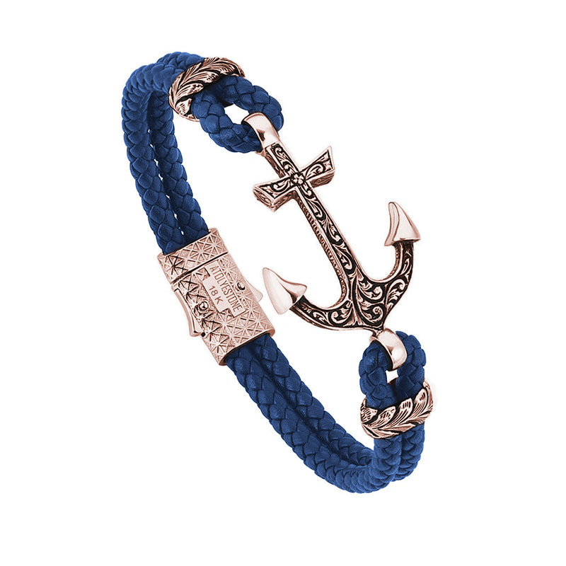 Mens Classic Anchor Leather Bracelet - Blue Leather - Solid Rose Gold