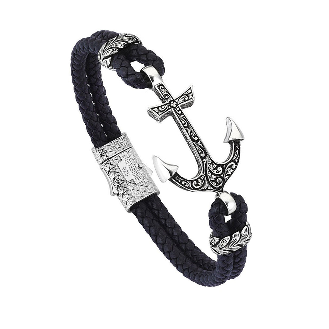 Mens Classic Anchor Leather Bracelet - Black Leather - Solid Silver