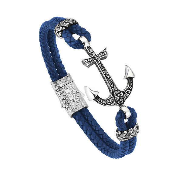 Mens Classic Anchor Leather Bracelet - Blue Leather - Solid Silver