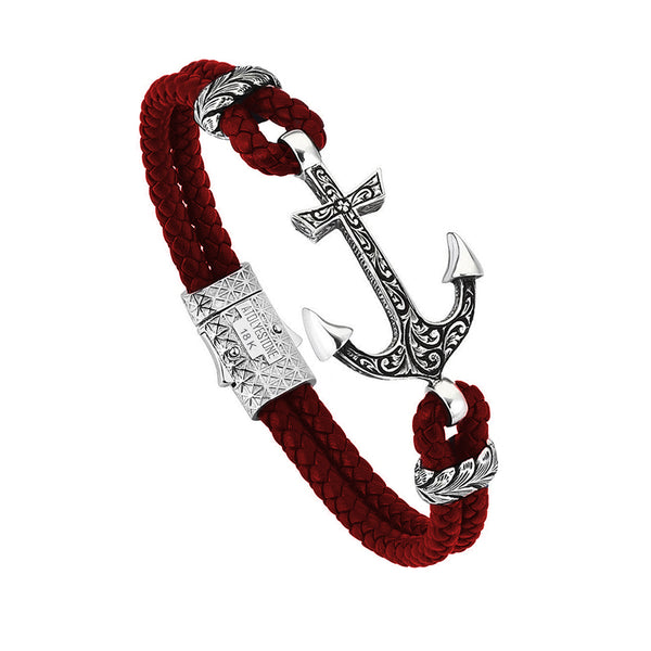 Mens Classic Anchor Leather Bracelet - Dark Red Leather - Solid White Gold