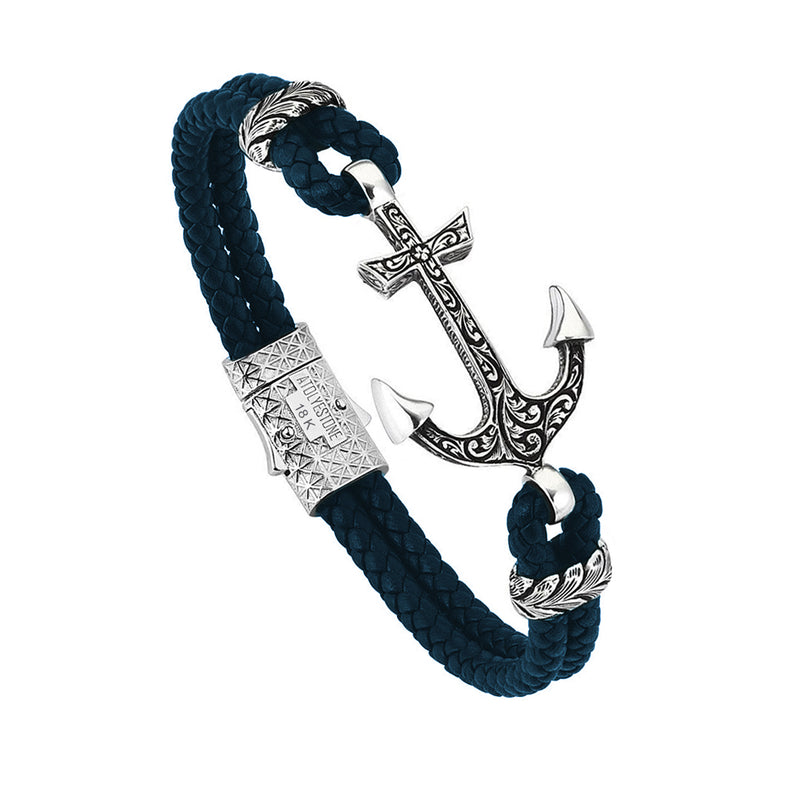 Classic Anchor Leather Bracelet - Solid White Gold - Navy Leather