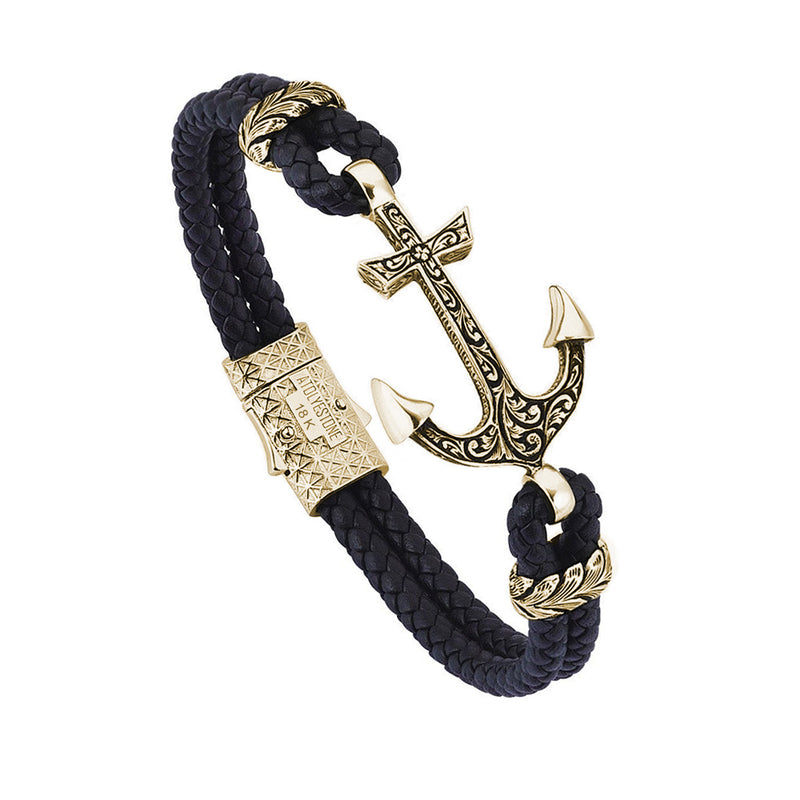 Mens Classic Anchor Leather Bracelet - Black Leather - Solid Yellow Gold