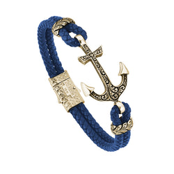 Mens Classic Anchor Leather Bracelet - Blue Leather - Solid Yellow Gold