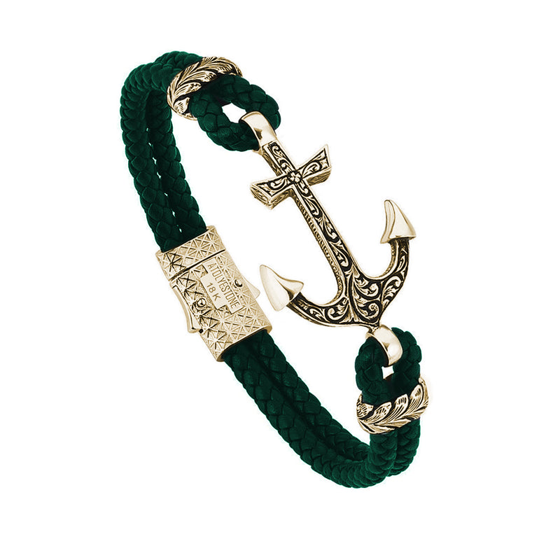 Mens Classic Anchor Leather Bracelet - Dark Green Leather - Solid Yellow Gold