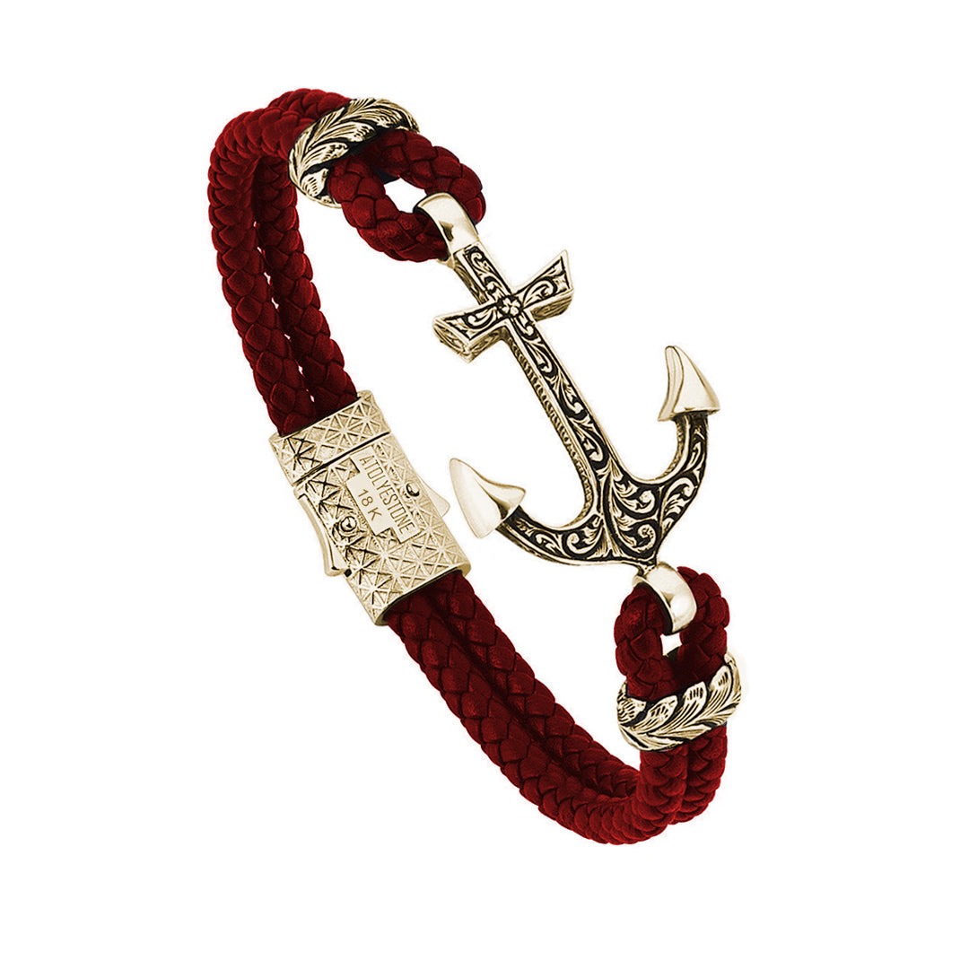Mens Classic Anchor Leather Bracelet - Dark Red Leather - Solid Yellow Gold