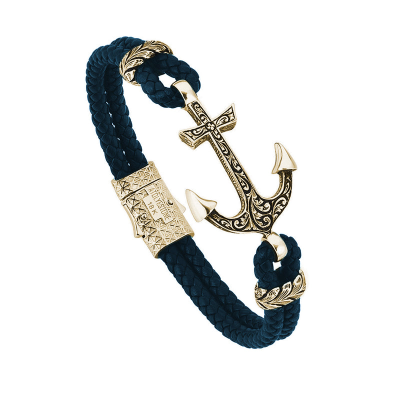 Classic Anchor Leather Bracelet - Solid Yellow Gold