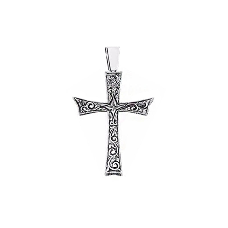 Mens Cross Necklace  - Carved Silver