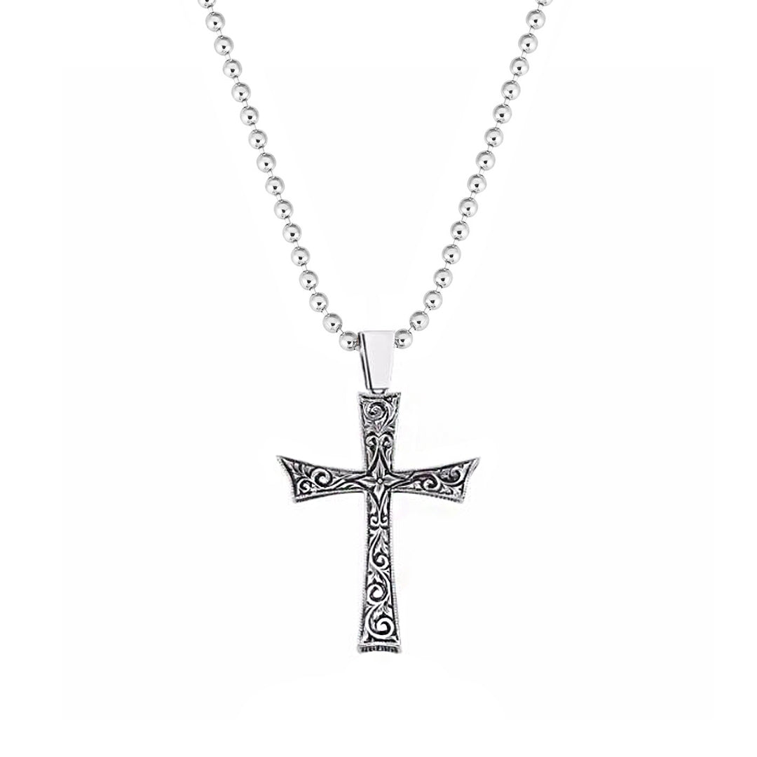Classic Cross Necklace  - Carved Silver