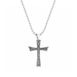 Classic Cross Necklace  - Carved Silver