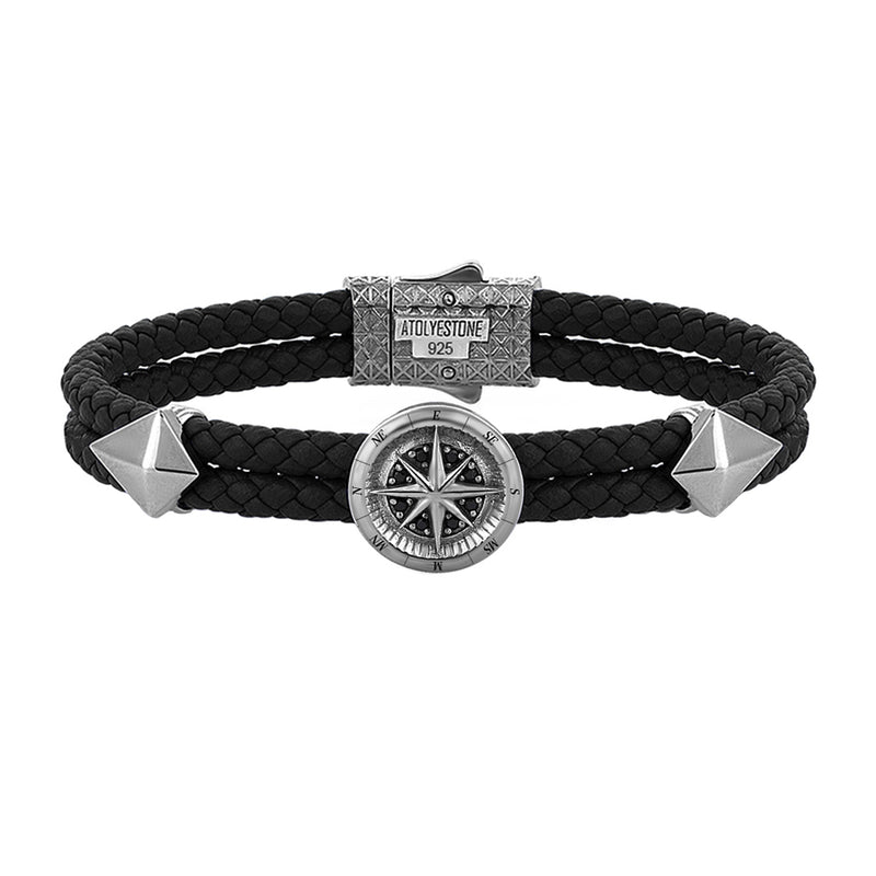 Mens Compass Leather Bracelet - Black Leather - Gunmetal