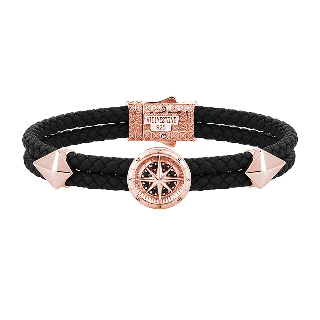 Mens Compass Leather Bracelet - Black Leather - Rose Gold