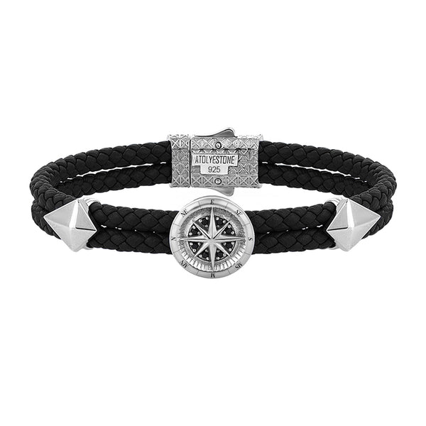 Mens Compass Leather Bracelet - Black Leather - Solid Silver