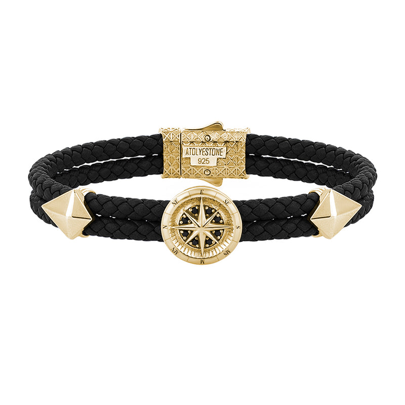 Mens Compass Leather Bracelet - Black Leather - Yellow Gold