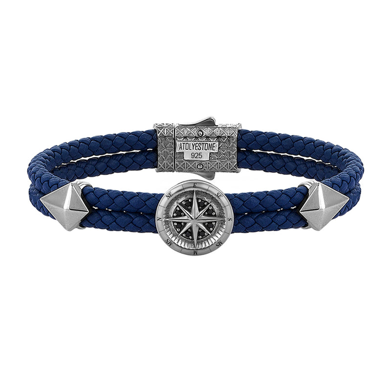 Mens Compass Leather Bracelet - Blue Leather - Gunmetal