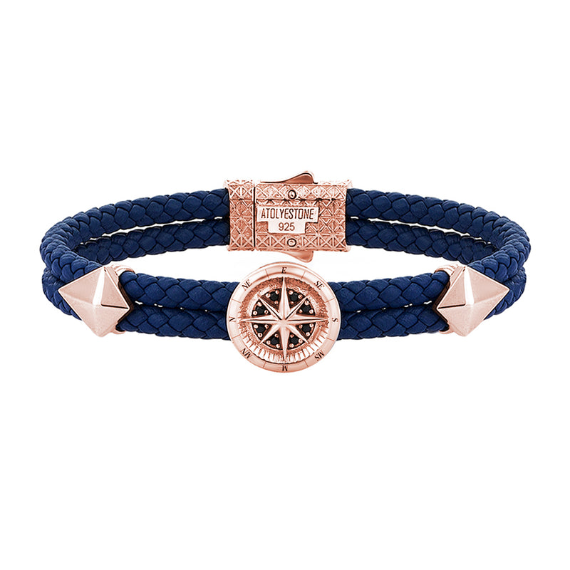 Mens Compass Leather Bracelet - Blue Leather - Rose Gold