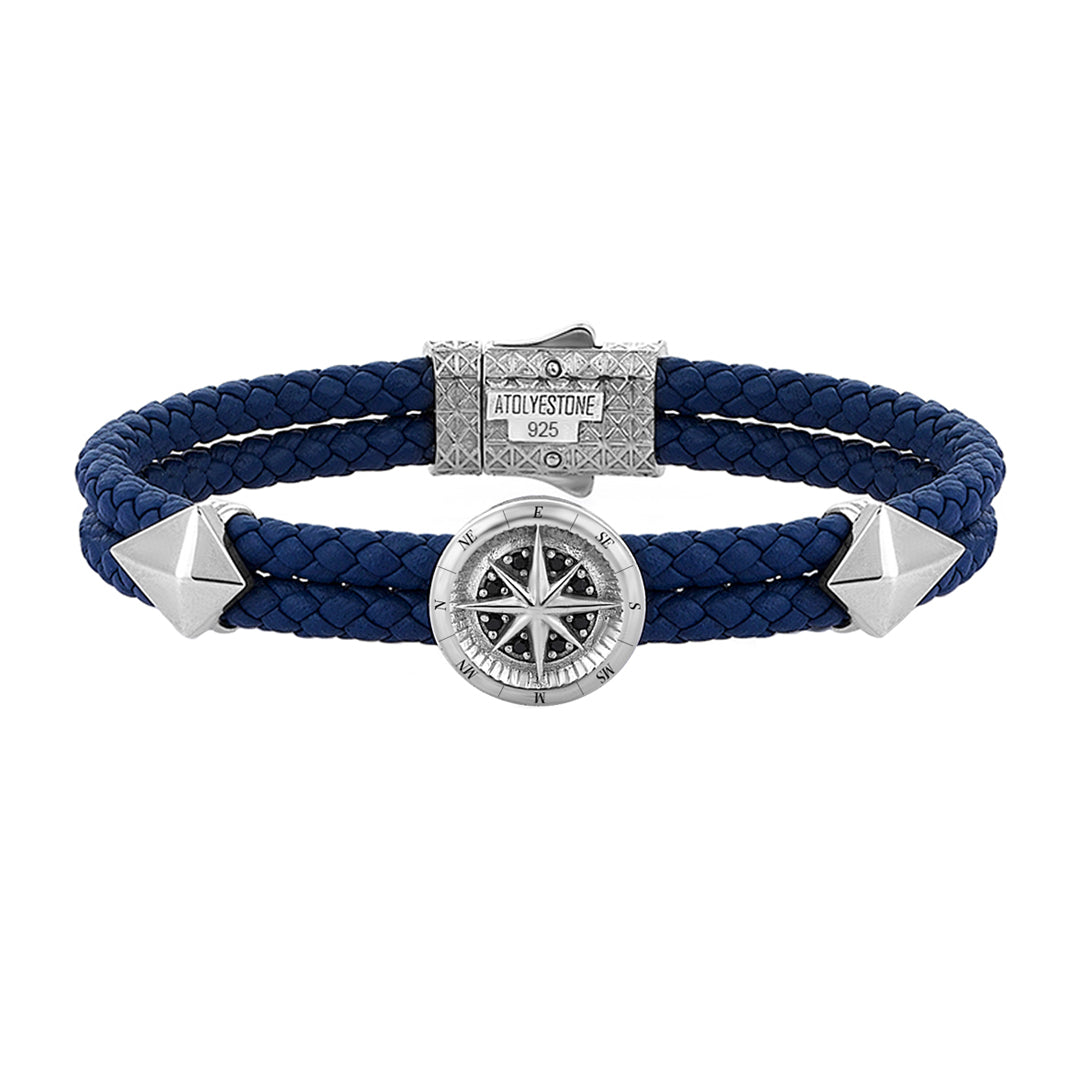 Mens Compass Leather Bracelet - Blue Leather - Solid Silver