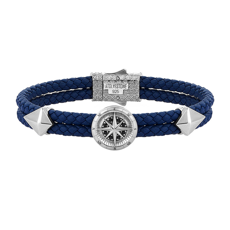 Mens Compass Leather Bracelet - Blue Leather - Solid Silver