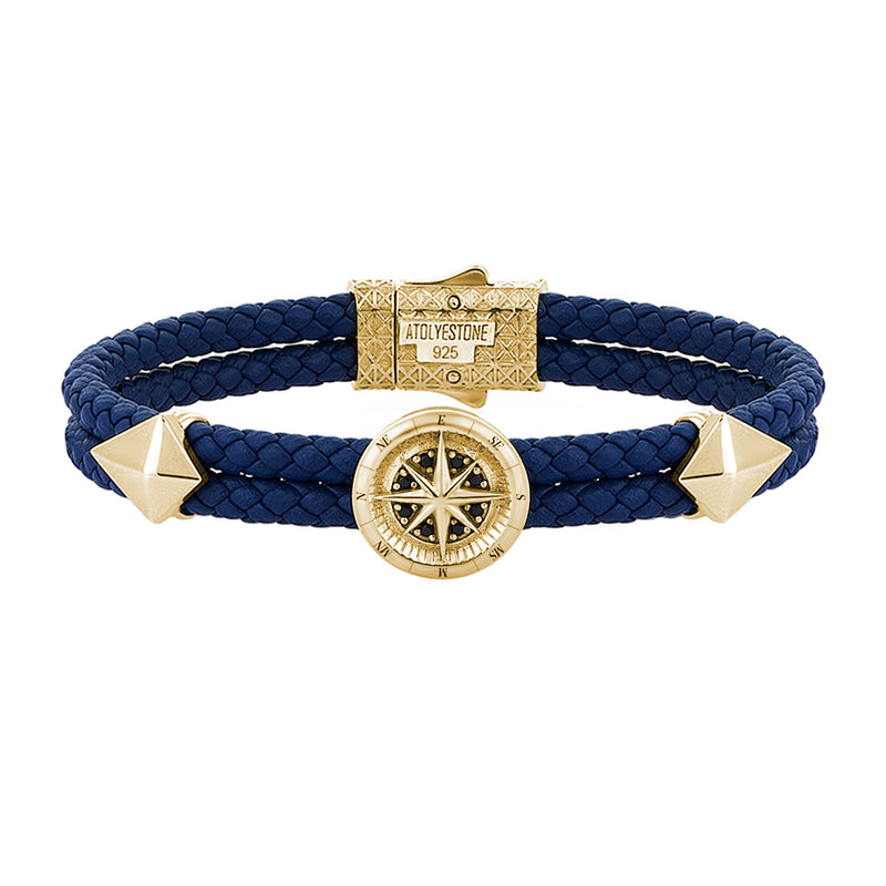 Mens Compass Leather Bracelet - Blue Leather - Yellow Gold